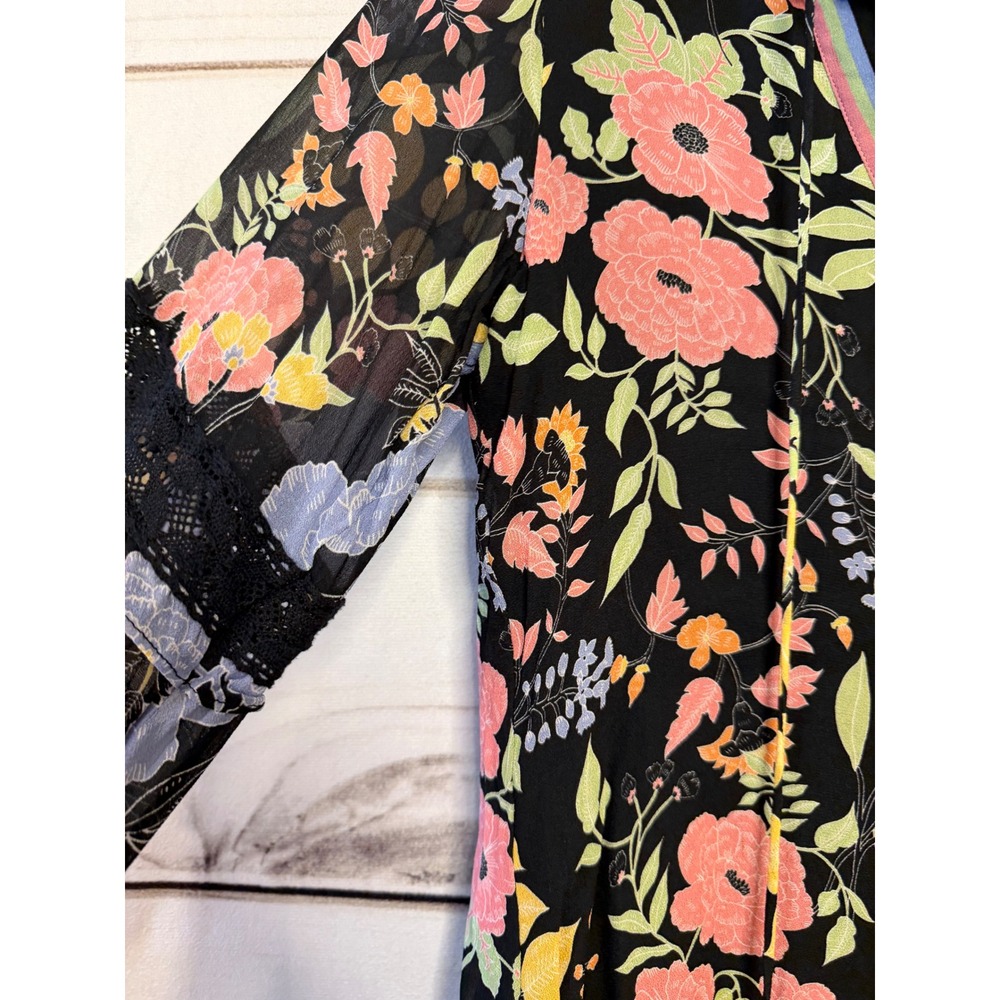 Hale Bob Floral Viscose Blouse Black‎ Crochet Lace Trim Tassel V-Neck XS Boho - Picture 2 of 6